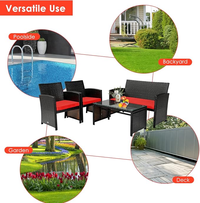 COSTWAY 4 Piece Patio Furniture Set, Outdoor PE Rattan Wicker Sectional Sofa with Cushion and Coffee Table, Patio Conversation Sets for Balcony Lawn Porch Patio Backyard Garden Poolside, Red