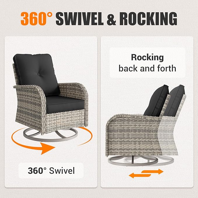 10Pcs Patio Rocking Swivel Chair with 55,000 BTU Fire Pit Table Outdoor Wicker Rattan Bistro Set with Tempered Glass Side Table, Outdoor Patio Furniture Set for Garden and Balcony, Dark Grey