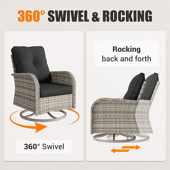 Patio Rocking Swivel Chair Outdoor Wicker Rattan Bistro Set with Tempered Glass Side Table, Outdoor Patio Furniture Set for Garden, Deck, and Balcony, Dark Grey