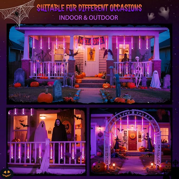 JMEXSUSS Orange and Purple Solar Halloween Lights Outdoor | 8 Tube 144 LEDs Solar Meteor Shower Rain Lights for Halloween Tree Yard Party Patio Christmas Decoration