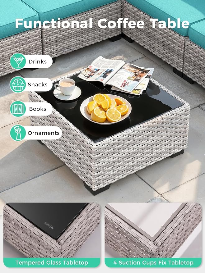 13 Piece Outdoor Wicker Sectional Sofa Set with 55,000 BTU Fire Pit Table, 10-Seats with 4" Thickened Cushions & Coffee Table, All-Weather PE Rattan for Garden, Backyard, Porch, Turquoise