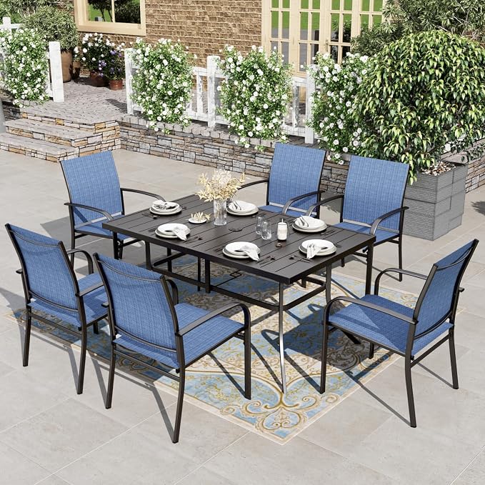 HERA'S HOUSE 7pc Outdoor Patio Dining Set for 6, Textilene Chairs, Blue | 60" rectangular metal table with umbrella hole. Waterproof, rust-resistant, all-weather for backyard, porch