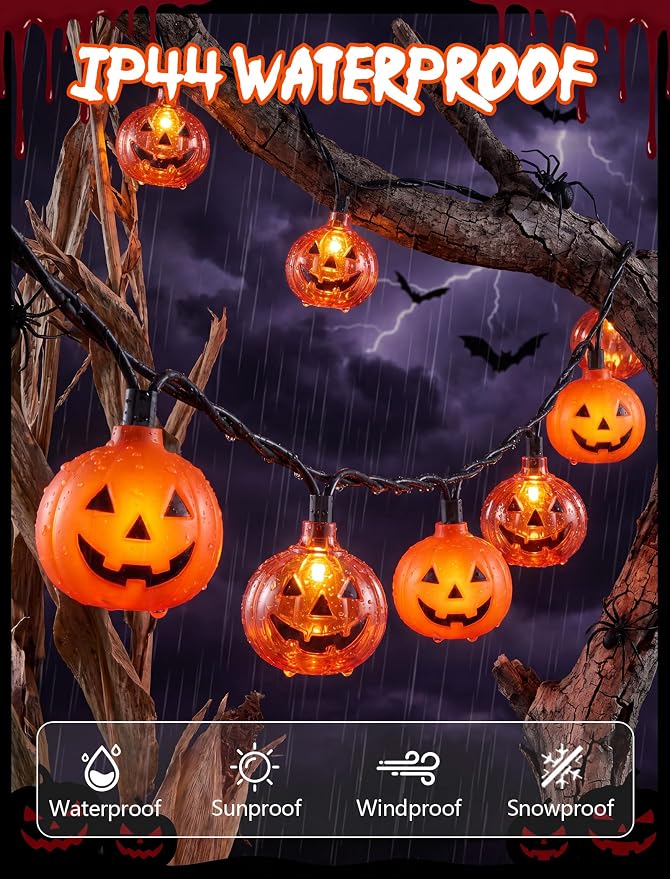 Halloween Decorations Pumpkin String Lights - 20 LED 12 FT 3D Cute Waterproof Light up Orange Jack-O-Lantern Plug-in Lights, Waterproof for Home Yard Party Indoor Outdoor Decor, Connectable