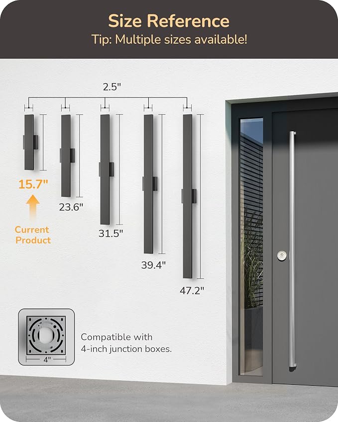 EDISHINE 2 Pack LED Outdoor Wall Lights Dimmable, 3000K 4000K 5000K, 15.7" Modern Black Outdoor Wall Sconce, IP65 Waterproof, Linear Exterior Wall Light for Entrance, Hallway, Garage, Porch