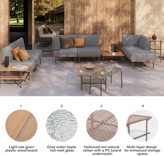 LAUSAINT HOME Outdoor Patio Furniture Set, 10-Piece Wicker Outdoor Conversation Set PE Rattan Sectional Sofa with Washable Cushions and Tempered Glass Table for Garden (Grey)