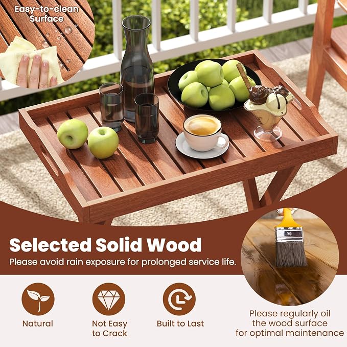 Giantex Outdoor Side Table Set of 2, Wooden Folding Table with Removable Tray Top, Food Serving Tray with Stand for Patio, Porch, Garden, Backyard & Poolside