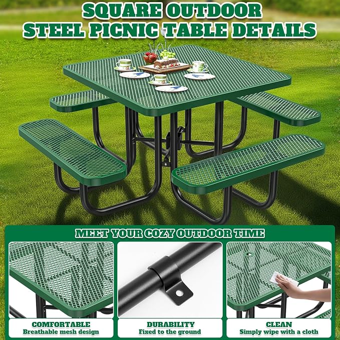Heavy Duty Picnic Table with Umbrella Hole, Expanded Meta Outdoor Metal Patio Dining Table & Outdoor Bench Set, Steel Mesh Dining Furniture for Garden, Lawn, Patio (47 INCH Green Square Table)