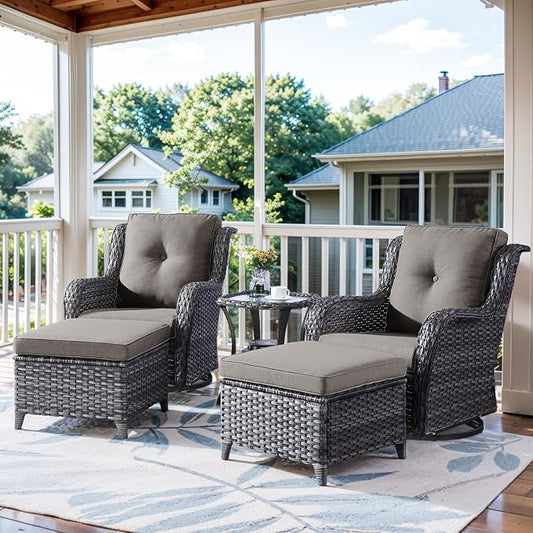 Belord 5 Piece Wicker Patio Furniture Set, Outdoor Swivel Rocker Chairs Set of 2 with Ottomans and Side Table, All Weather Patio Conversation Furniture Set, for Porch Pool, Gray Wicker/Gray