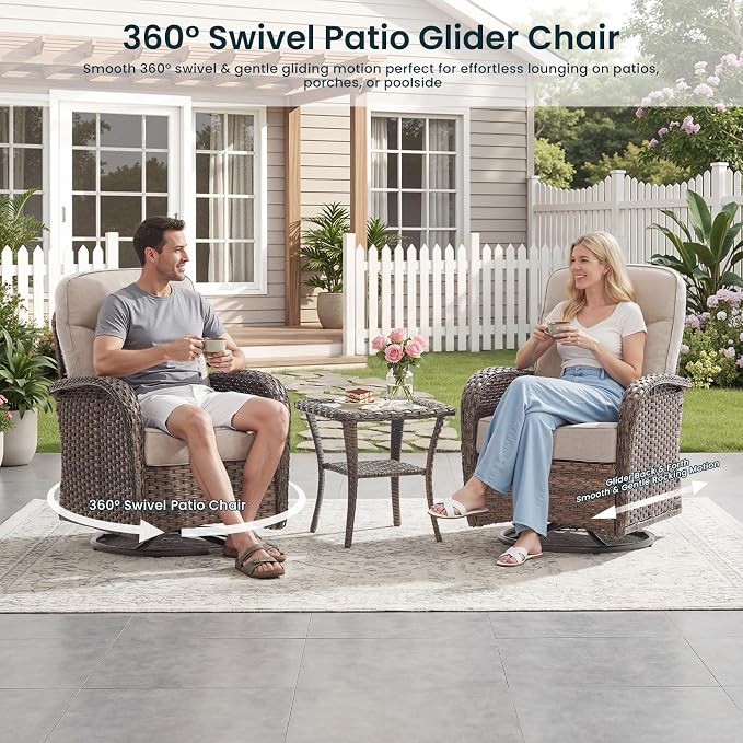 High Back Luxury Patio Furniture Set with Fire Pit Table, 6-Inch Cushion Swivel Rocker Patio Chairs with Outdoor Couch, 7 Piece Wicker Conversation Set for Deck Yard Garden Balcony Beige