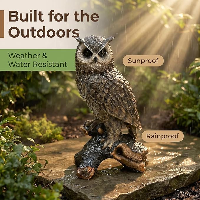 18.98" Hand-Painted Resin Owl Garden Statue | Lifelike Woodland Animal Figurine, Durable Yard Sculpture, Branch Base, Outdoor Patio, Lawn & Nature Decor