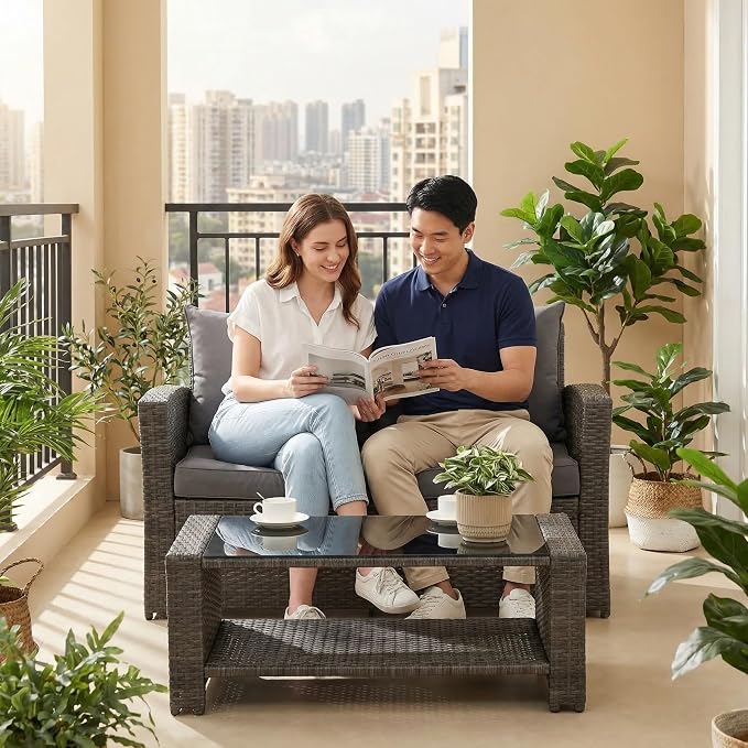 4 Pieces Outdoor Patio Furniture Set, PE Wicker Patio Conversation Set with Cushions and Tea Table, All-Weather Outside Rattan Sectional Sofa for Backyard,Porch, Garden, Balcony, Grey