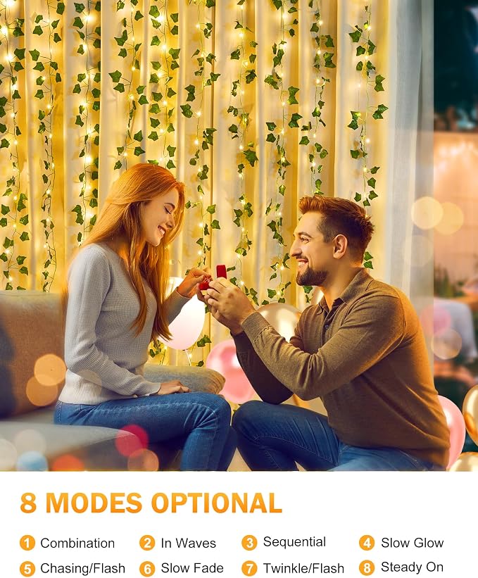 Solar String Lights, 2 Packs Total 66Ft 200 LED Fairy Lights with Ivy | Twinkle Solar Powered Outdoor Lights Plant Vine for Camping Outside Garden Yard Fence Wall Wedding Christmas Warm White
