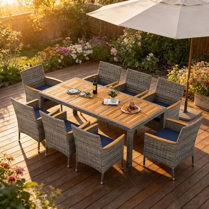 COSTWAY 9-Piece Patio Dining Set for 8, Outdoor Rattan Wicker Table and Chairs Furniture Set with Umbrella Hole, Acacia Wood Tabletop for Backyard, Balcony, Poolside, Grey & Navy