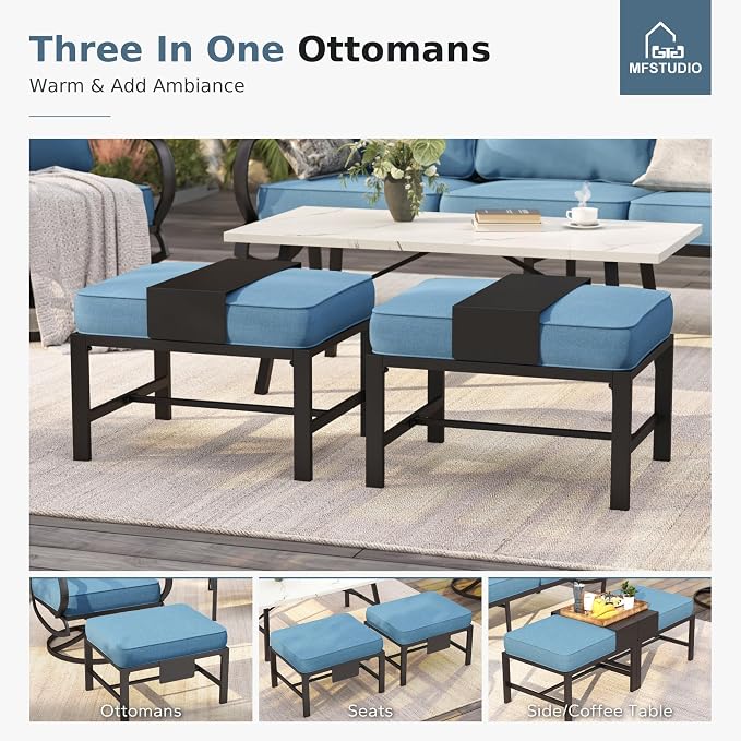 MFSTUDIO 6 Pieces Patio Furniture Sets with 45" Gas Fire Pit Table(Up to 7 Seat),Outdoor Metal Frame Patio Conversation Sofas with 1 x 3-Seat Sofa, 2 Swivel Chairs and 2 Ottoman, Navy Cushion