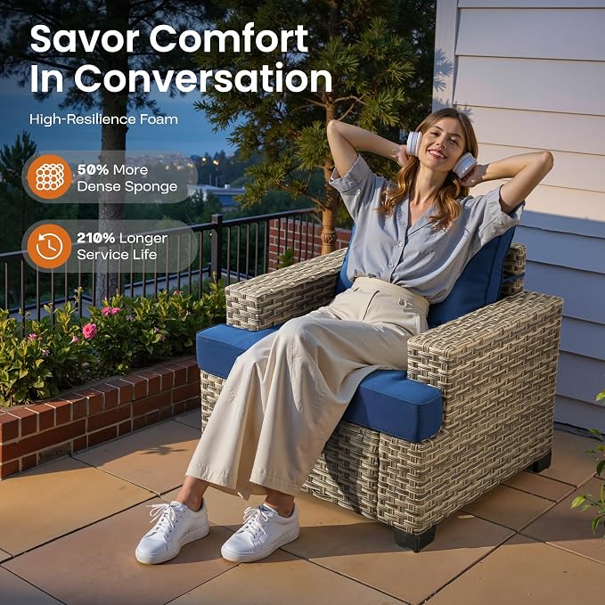 ovios 8 Piece Patio Sectional Furniture with Swivel Rocking Chairs, Rattan Wicker Coversation Couch Set, Outdoor Sofa Set for Outside Porch Balcony Backyard Pool, Navy Blue
