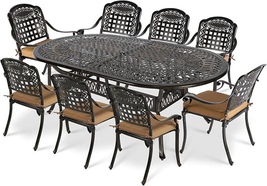 VIVIJASON 9-Piece Patio Furniture Dining Set, Rust-Free Cast Aluminum Outdoor Conversation Set, Include 8 Cushioned Chairs and an Oval Table with Umbrella Hole for Balcony Lawn Garden Backyard