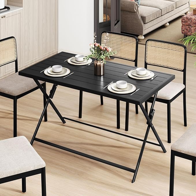 Giantex Folding Outdoor Dining Table for 4-6 Person, 48"x30" Rectangular Metal Patio Table with Large Tabletop, Foldable Outside Dinner Table for Garden Backyard Picnic (Black)