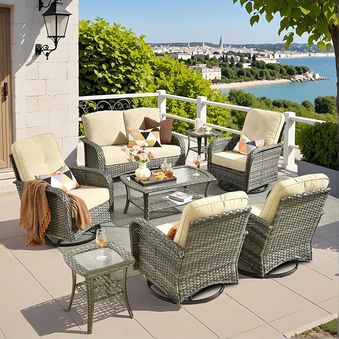 8 Piece Wicker Patio Furniture Set with Swivel Chairs,Beige | 4 Swivel Rocker Chairs, High Back Loveseat Sofa, Coffee Table, Rattan Outdoor Conversation Set, Porch Deck Backyard Poolside