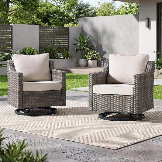 Luxury Patio Furniture Chairs Set - 2 Pieces All Weather Wicker Outdoor Couch and High Back Swivel Rocker Patio Chairs for Deck Yard and Poolside Gray Wicker | Beige Cushions