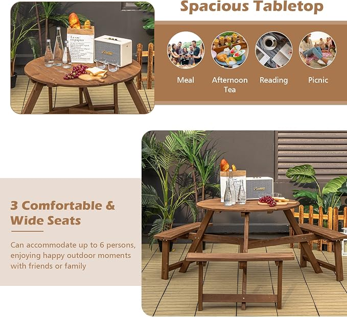 Tangkula 6 Person Wooden Picnic Table, Outdoor Round Picnic Table with 3 Built-in Benches, 1.5 Inch Umbrella Hole, Outside Wood Table and Bench Set for Garden, Backyard, Porch (Dark Brown)
