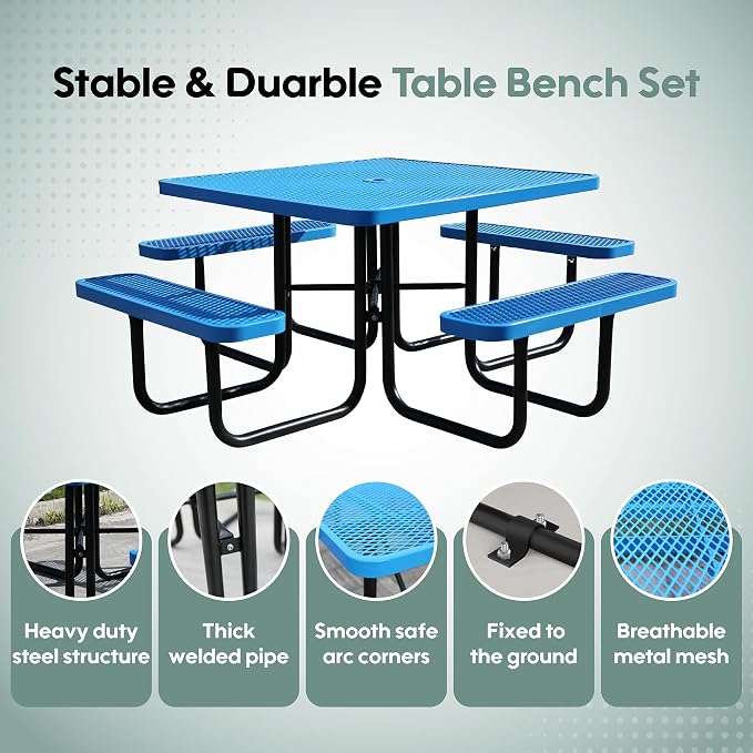 46" Square Picnic Table for Outside,Blue Heavy Duty Metal Picnic Table Bench Set with 2in Umbrella Hole, 1600 lb Capacity,Commercial Dining Table Furniture for Garden Yard Patio Party Coffee Shop