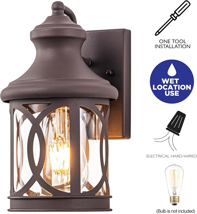 2-Pack Outdoor Wall Lights, Porch Lights, Waterproof Outdoor Wall Sconce, Exterior Light Fixture Bronze Finish with Clear Glass Shade for Garage Patio Front Door Balcony