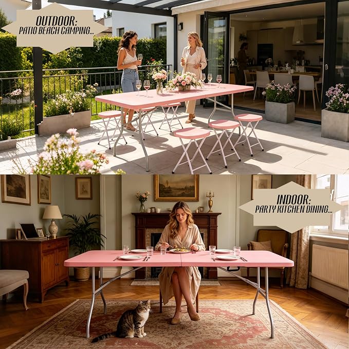 Portable Plastic Folding Table 4ft/6ft/8ft Heavy Duty White Black Picnic Dining Table Fold-in-Half for Camp Party Kitchen Indoor Outdoor