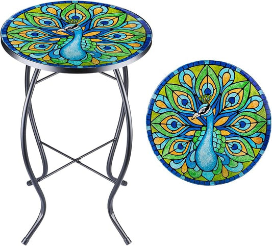VCUTEKA Patio Side Table Outdoor Accent Table Bistro Coffee Table Plant End Table Small Porch Table Indoor Round Glass Balcony Plant Table Stands Peacock