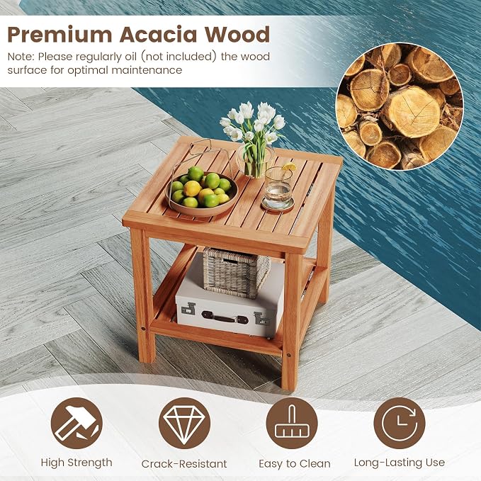 HAPPYGRILL Acacia Wood Outdoor Side Table, 2-Tier Indoor End Table with Spacious Tabletop and Slatted Storage Rack, Square Wood Table for Poolside, Living Room, Porch, Balcony and Garden (1)