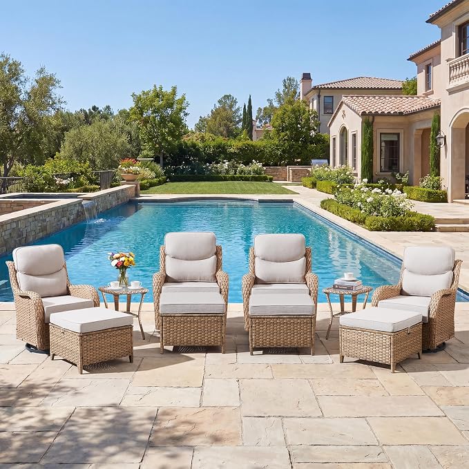 10-Piece Luxury Patio Furniture Set with 6-Inch Thick Cushions, High-Back Outdoor 4 Swivel Rocking Chairs with Wicker Side Table, All-Weather Conversation Set for Porch, Deck, Yard – Yellow/Beige