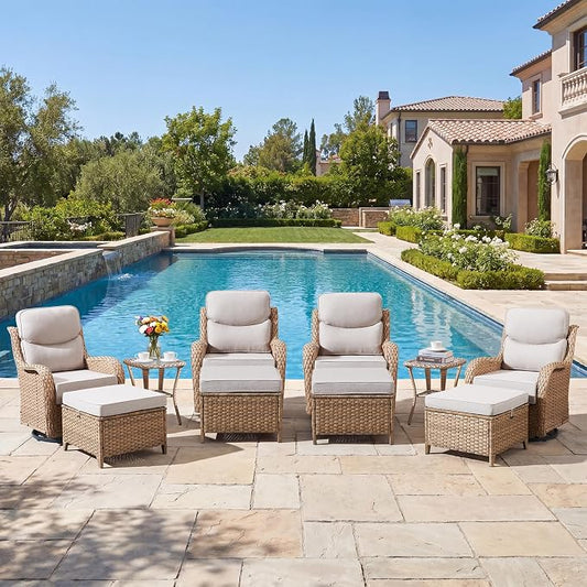 10-Piece Luxury Patio Furniture Set with 6-Inch Thick Cushions, High-Back Outdoor 4 Swivel Rocking Chairs with Wicker Side Table, All-Weather Conversation Set for Porch, Deck, Yard – Yellow/Beige