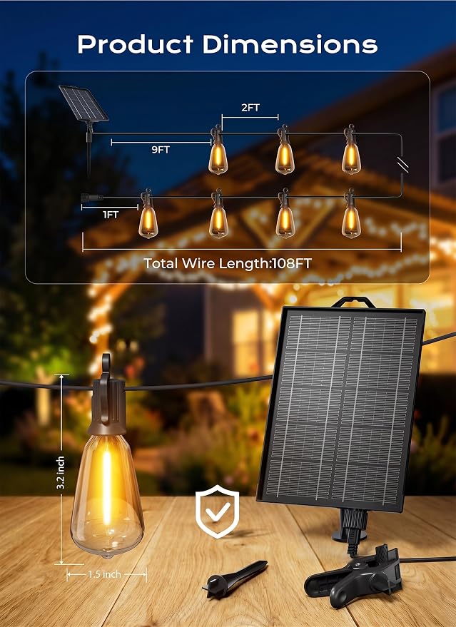 Brightown 108FT Solar String Lights Outdoor Waterproof, 26Hrs Runtime | 50+2 LED Bulbs, USB & Solar Powered, Remote Control & Dimmable Timer, Ideal for Backyard, Garden, Camping & Party Decor