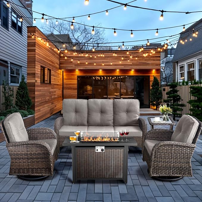 HUMMUH 5-Piece Wicker Swivel Rocker Patio Set with Fire Pit, Brown/Grey | 50,000 BTU gas fire pit, powder-coated steel frame, UV-proof PE wicker, 360-degree swivel, 4-inch thick cushions