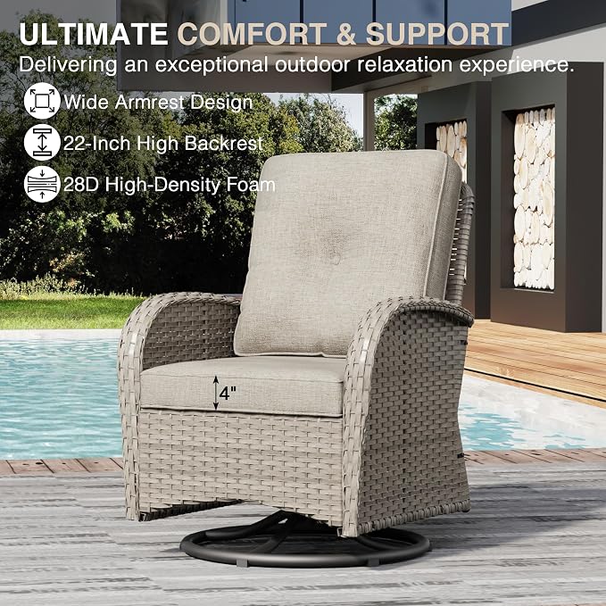 Joyside Outdoor Swivel Rocker Chairs, 3 Piece Wicker Patio Set with Thickened Cushions, High Back, Deep Seating, Wide Armrest, Outdoor Swivel Chairs for Porch, Deck