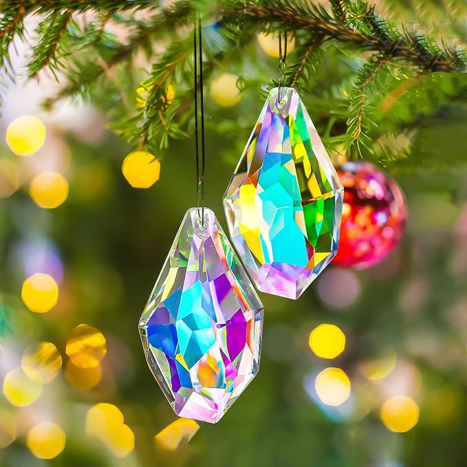 2 Pcs 3.5 Inch AB Crystal Prism Suncatcher Window Decor | AB Colored Crystal Prism Suncatcher Rainbow Maker Hanging Pendants Set of 2 for Window Garden Home Office Wedding Decor Gift