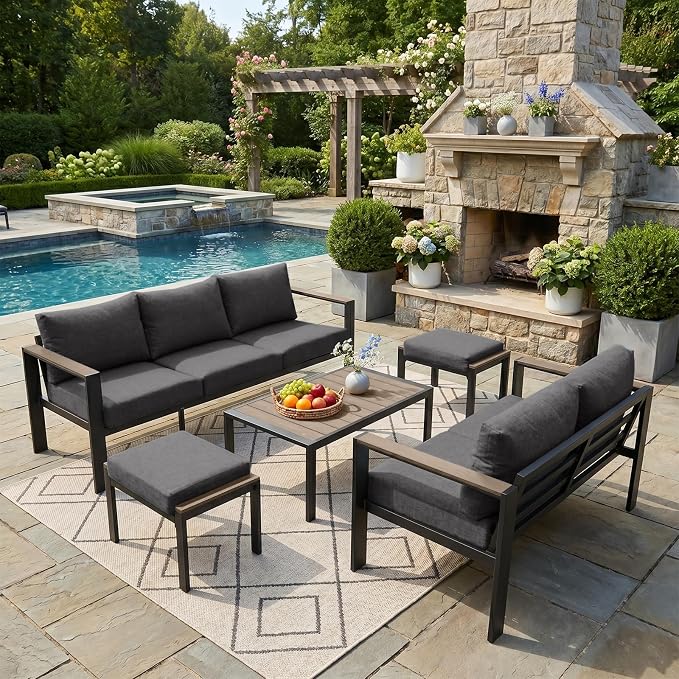 Outdoor Patio Furniture Set 5 Pieces Luxury Aluminum Patio Conversation Set with Coffee Table and 2 Ottoman 7 Seats, Thick Cushions, Large Sectional Sofa for Porch, Balcony, Yard, Dark Gray