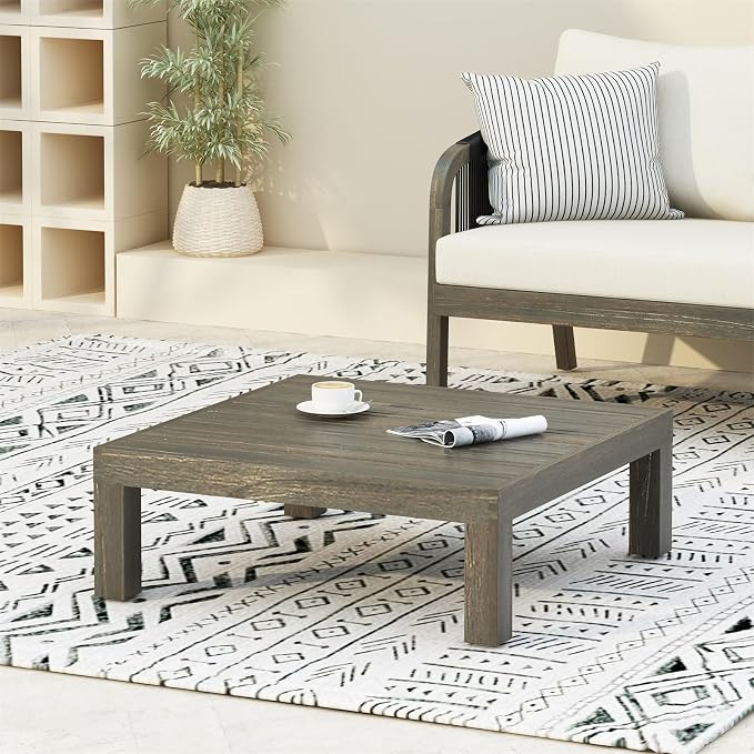 Outside Acacia Wood Coffee Table, Square Outdoor Coffee Table for Patio Lounge, Slatted Tabletop, 29.50 x 29.50 x 10.25 Inch, Gray