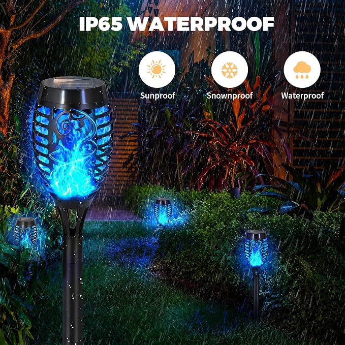 8 Pack Solar Lights Outdoor, Blue Flickering Flame Torches | Blue Flickering Flame, Long Nighttime Glow, Auto-On at Dusk, IP65 Weather-Resistant, Tool-Free Ground Setup