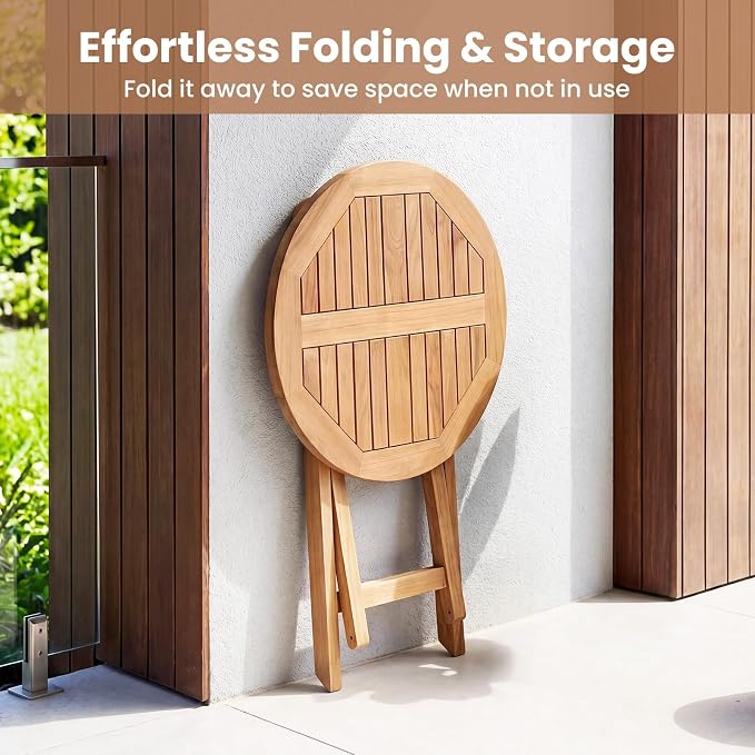 Tangkula 24-Inch Teak Wood Folding Outdoor Table, Round Patio Table with Sturdy X-Frame, Space Saving Outside Bistro Table for Deck, Porch, Poolside, Balcony & Garden