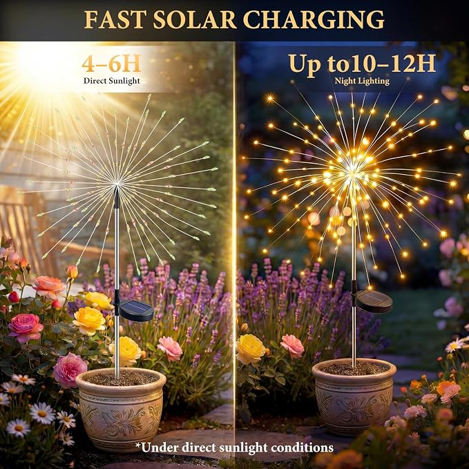 Solar Firework Light, 1 Pack 120 LEDs 8 Lighting Modes Solar Fairy Garden Lights Outdoor Waterproof for Yard Patio Walkway Pathway Party Wedding Balcony Decorative- Warm White