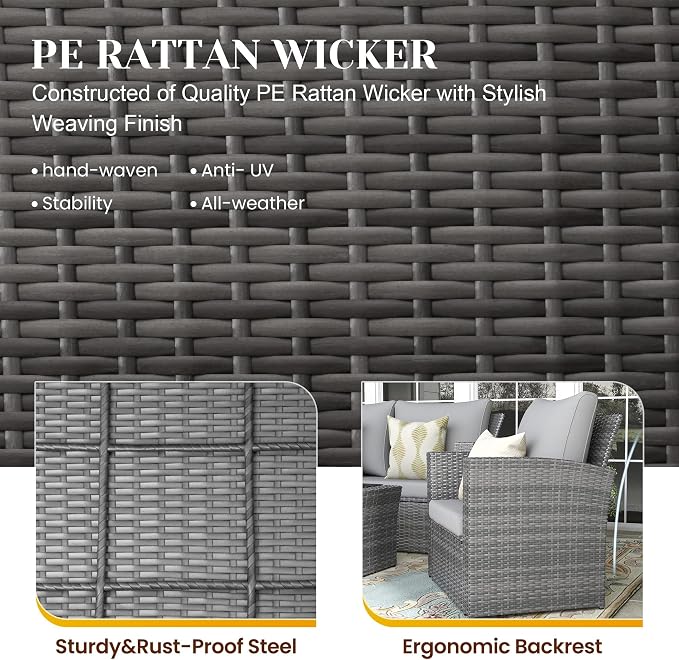 FansaFurn 4-Piece Outdoor Patio Furniture Set, All Weather Wicker Rattan Sectional Sofa Conversation Seating Set with Cushions & Large Glass Coffee Table, Ideal for Garden Backyard Porch, Grey