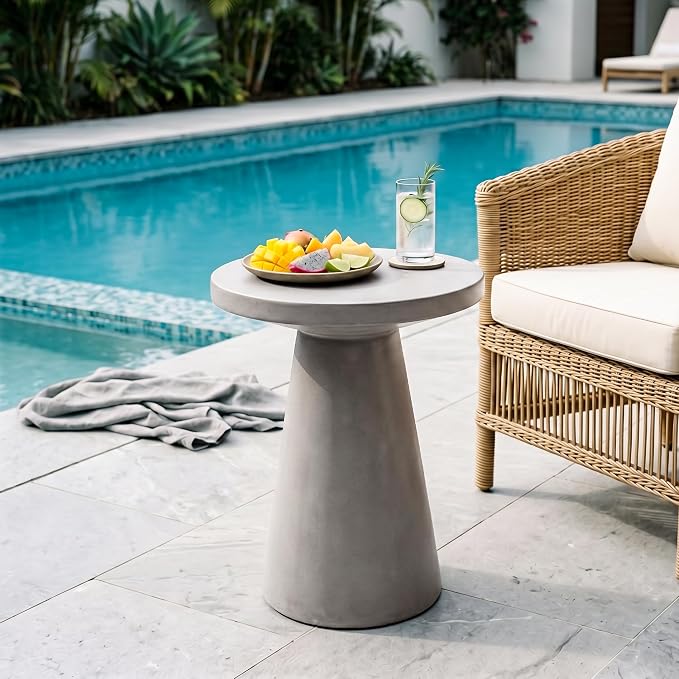 SUNBURY Outdoor Side Table Large, 22" H Concrete End Table w Conical Pedestal, Lightweight Round Accent Table, Decorative Modern Coffee Table, Garden Planter Stand for Patio, Porch, Living Room, Grey
