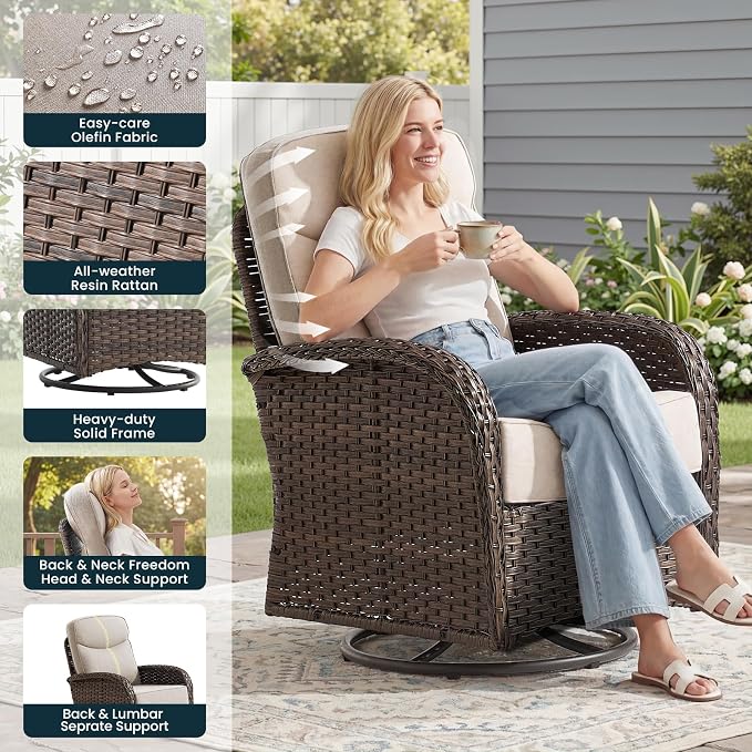 High Back Luxury Patio Furniture Set with 6-inch Thick Cushion, Swivel Rocker Patio Chairs with Outdoor Couch, 7 Piece Wicker Conversation Set for Deck Yard Garden Balcony Beige