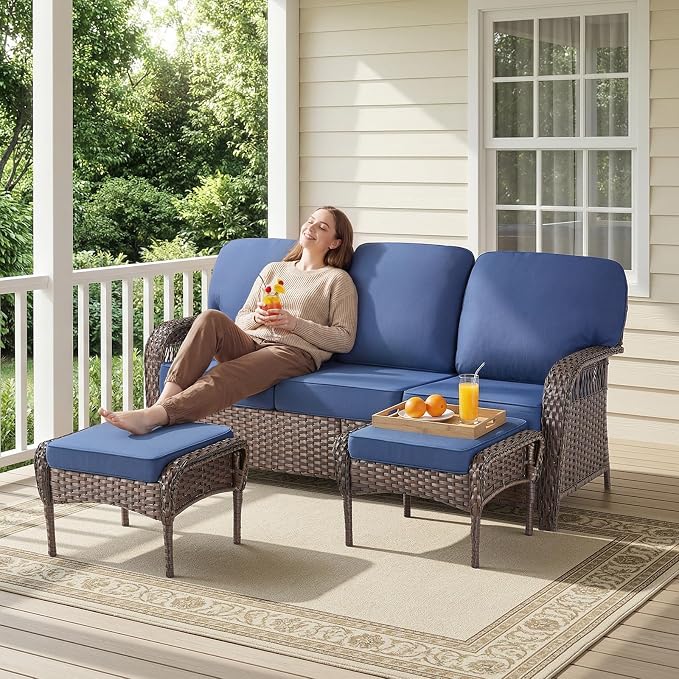 Belord Patio Wicker Swivel Rocker Patio Chairs with 3-Seater Sofa, Outdoor Rattan Chairs for Deck Porch Poolside, 10 Piece Patio Conversation Furniture Set,Blue