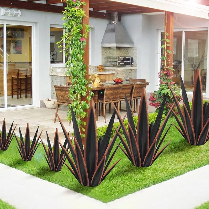 KODIBO 24" Metal Agave Plant Outdoor Decor, Large Garden Sculpture, Black | Outdoor-Resistant, Hand-Painted Metal Plant, Tequila Rustic Sculpture, Desert Steel Yard Art, Mexican Style Garden Decor