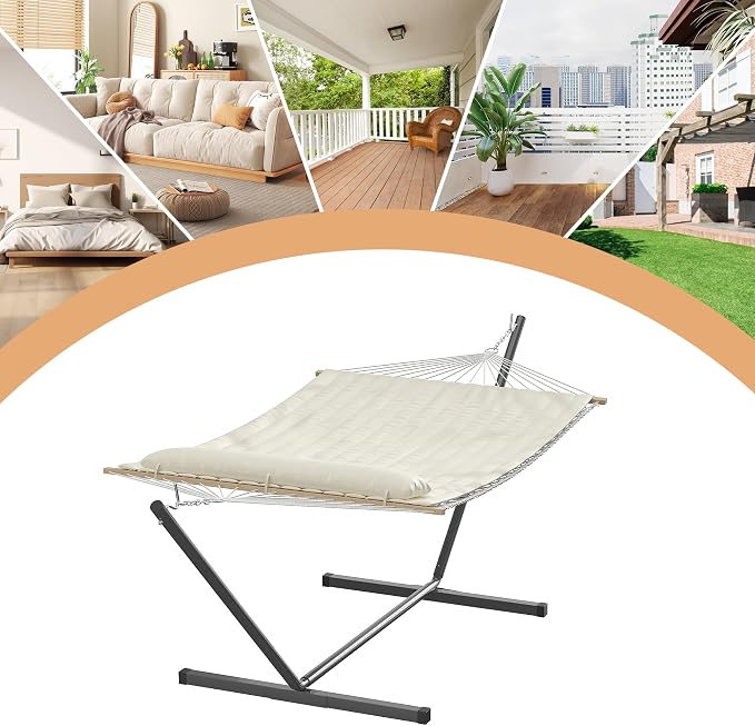 Hammock with Stand for Outside, 2-Person Portable Hammock, Heavy Duty Steel Stand, Breathable Cotton Rope & Cushioned Pad, for Yard Garden Patio Backyard, Beige