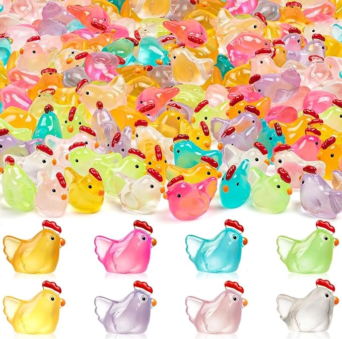 64PCS Luminous Mini Resin Chicken Figurines 8 Colors Tiny Chickens | Miniature Chickens Animals Figurines Glow in The Dark, Micro Landscape DIY, Home Outdoor Party Decor