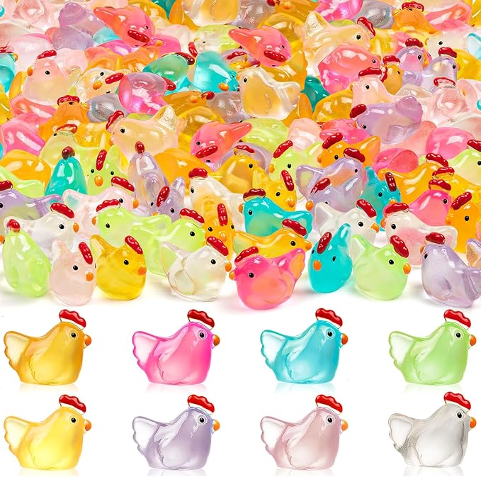 128PCS Luminous Mini Resin Chickens Tiny Chickens for Micro Garden | Miniature Chickens Animals Figurines Glow in The Dark, Micro Landscape DIY, Home Outdoor Party Decor