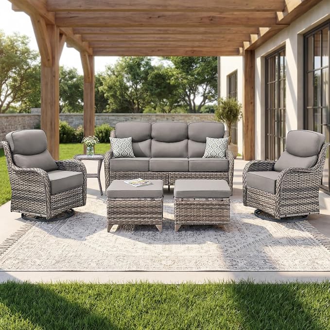 Luxury Swivel Rocker Chair Sofa Set with 6" Thick Cushions,6 Piece Wicker Swivel Rocker Patio Chair with footstools,Outdoor Comfortable High Back Chair Patio Furniture Set - Gery | Gery