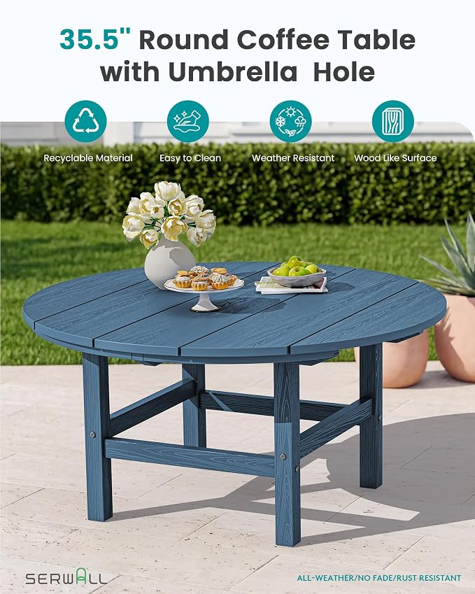SERWALL 5-Piece Outdoor Furniture Set, Round Coffee Table with Umbrella Hole & Adirondack Chairs with Cup Holders, Blue